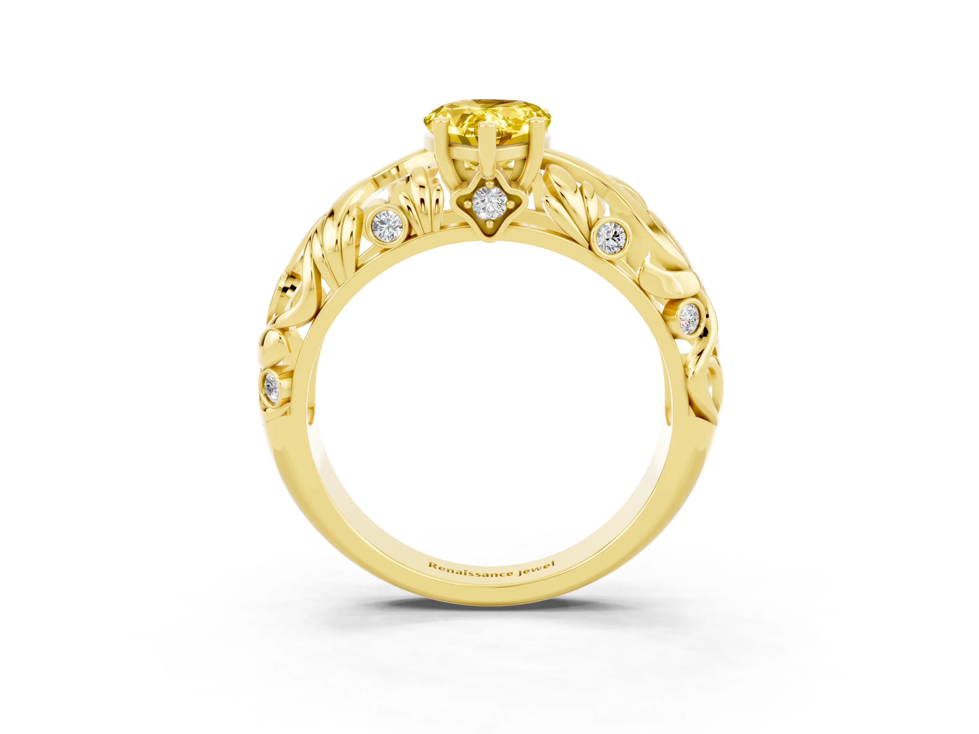 Yellow gold Pear Cut Solitaire Yellow Sapphire Leaf-Inspired Vine Band Ring with Prong Setting_27