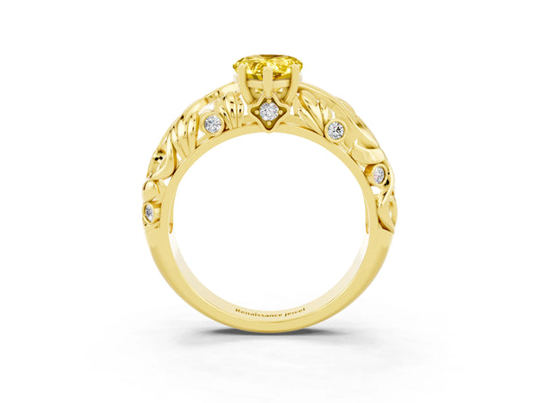 Yellow gold Pear Cut Solitaire Yellow Sapphire Leaf-Inspired Vine Band Ring with Prong Setting