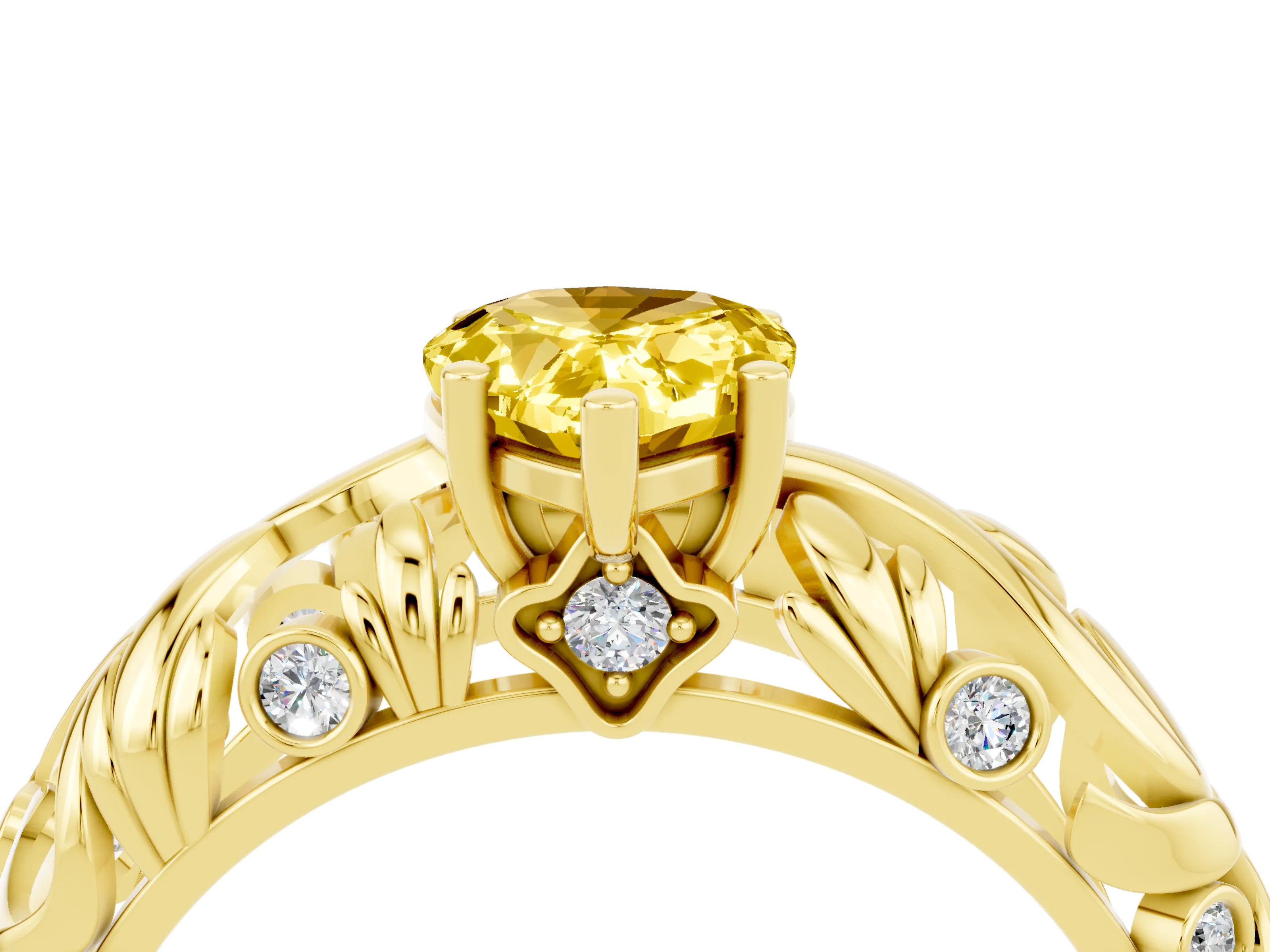 Yellow gold Pear Cut Solitaire Yellow Sapphire Leaf-Inspired Vine Band Ring with Prong Setting_28