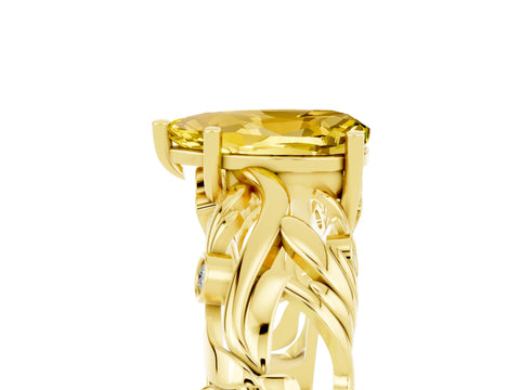 Yellow gold Pear Cut Solitaire Yellow Sapphire Leaf-Inspired Vine Band Ring with Prong Setting_29