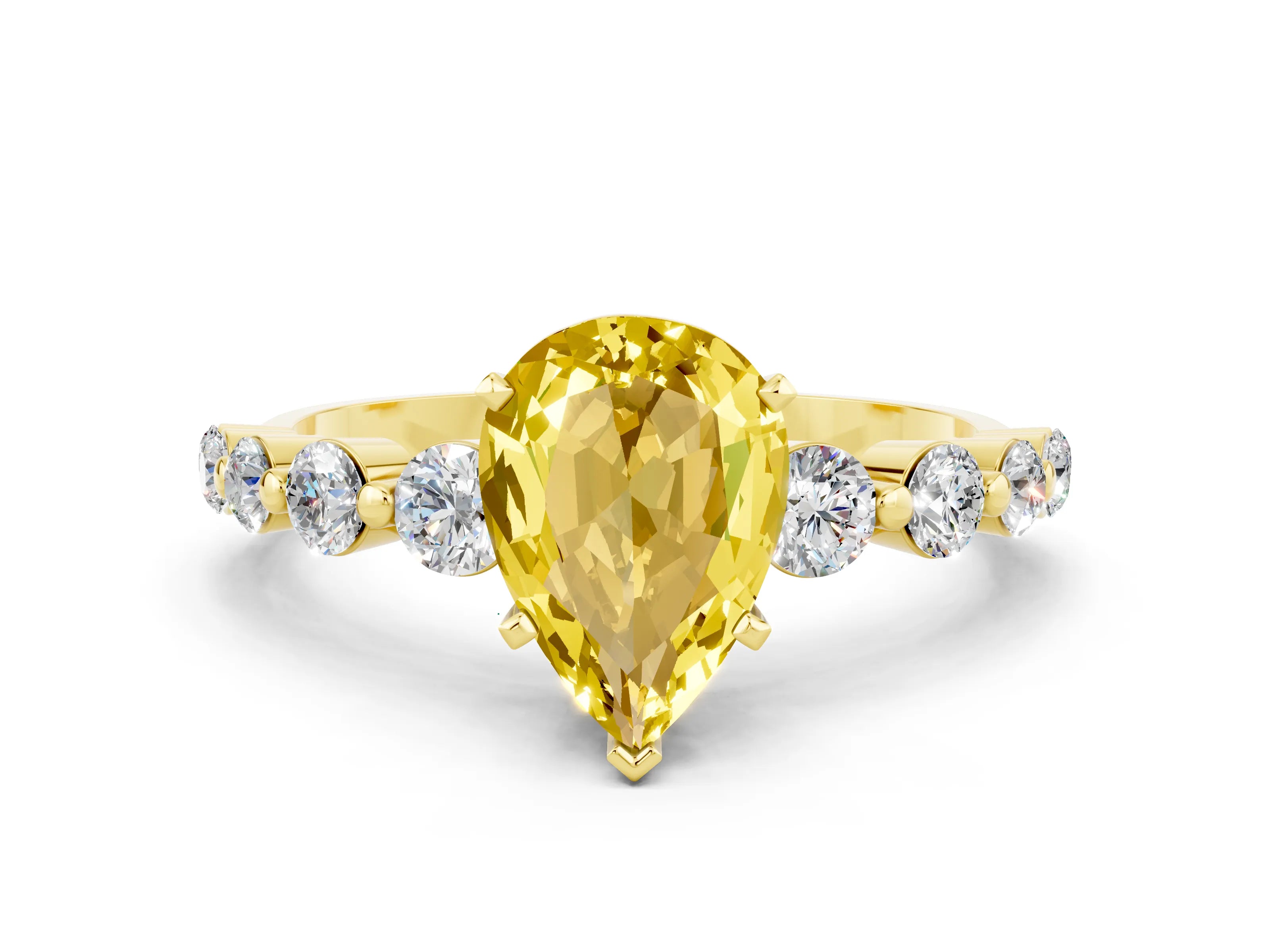 Yellow gold Pear Cut Solitaire Yellow Sapphire Ring with Pave Band and Four-Prong Setting_24