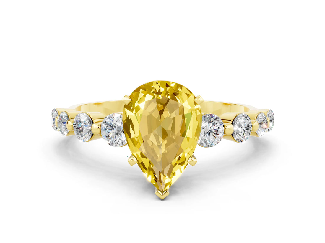 Yellow gold Pear Cut Solitaire Yellow Sapphire Ring with Pave Band and Four-Prong Setting_24
