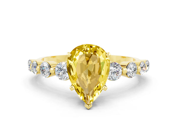 Yellow gold Pear Cut Solitaire Yellow Sapphire Ring with Pave Band and Four-Prong Setting