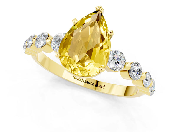 Yellow gold Pear Cut Solitaire Yellow Sapphire Ring with Pave Band and Four-Prong Setting