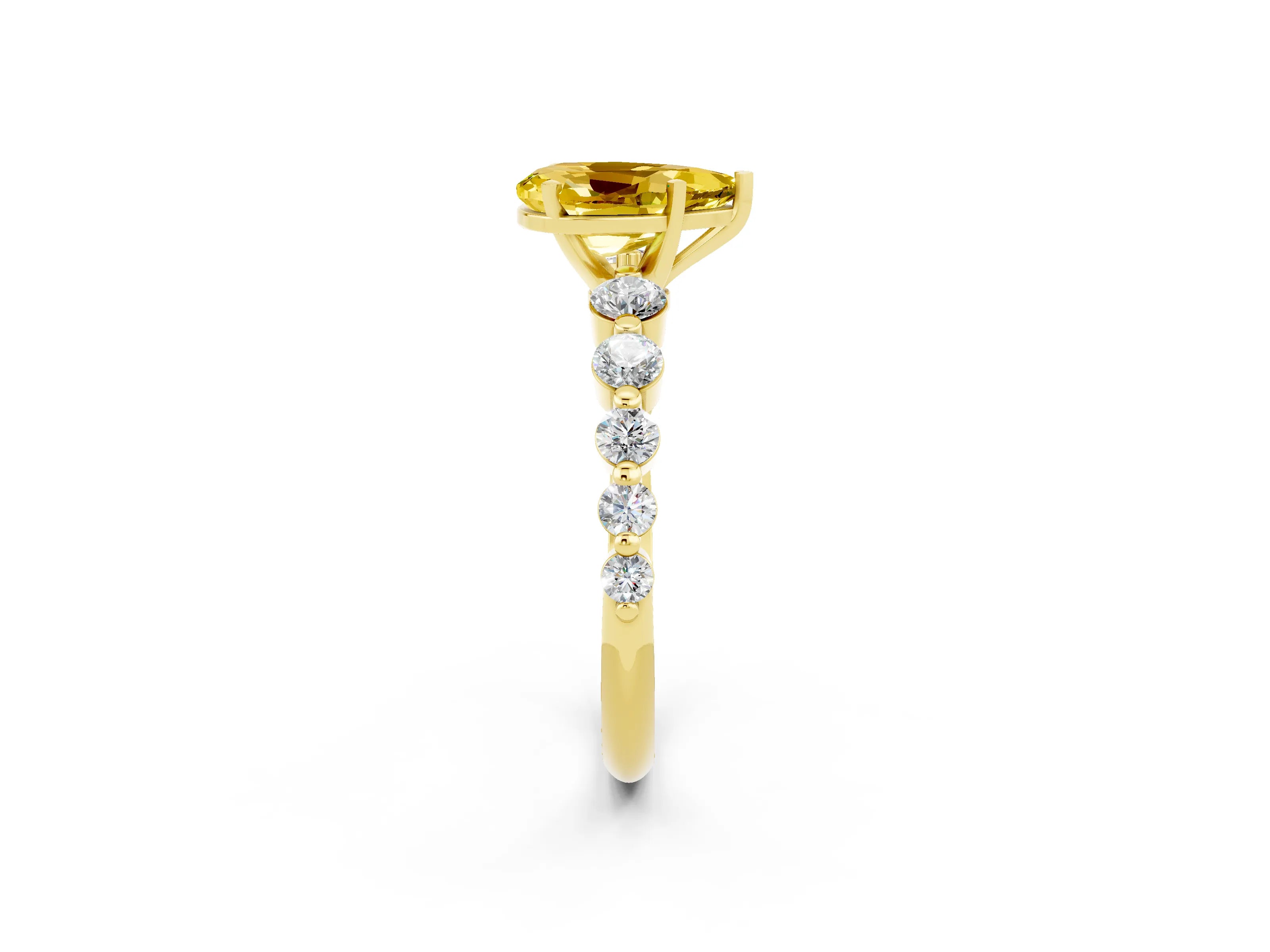 Yellow gold Pear Cut Solitaire Yellow Sapphire Ring with Pave Band and Four-Prong Setting_26