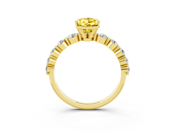 Yellow gold Pear Cut Solitaire Yellow Sapphire Ring with Pave Band and Four-Prong Setting