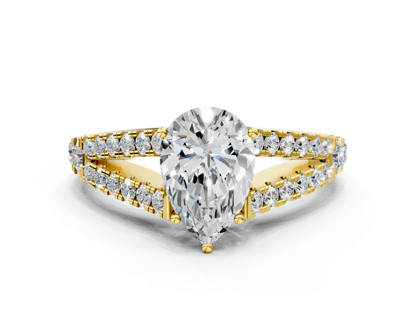 Yellow gold Pear Cut Split Shank Pave Diamond Engagement Ring with Four-Prong Setting