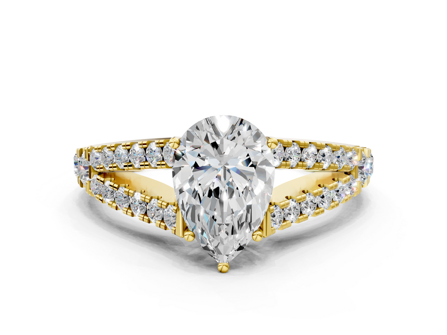 Yellow gold Pear Cut Split Shank Pave Diamond Engagement Ring with Four-Prong Setting