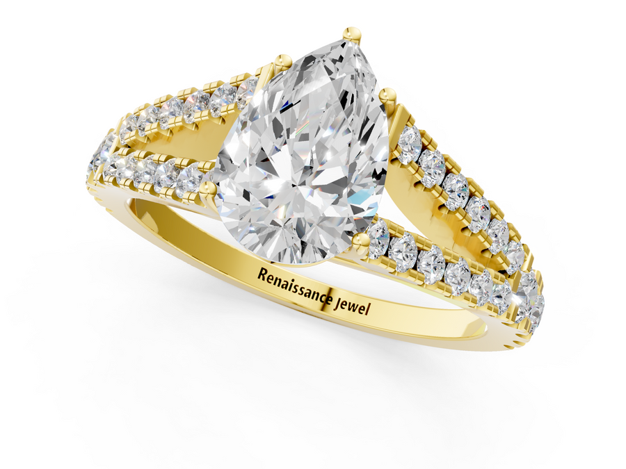 Yellow gold Pear Cut Split Shank Pave Diamond Engagement Ring with Four-Prong Setting
