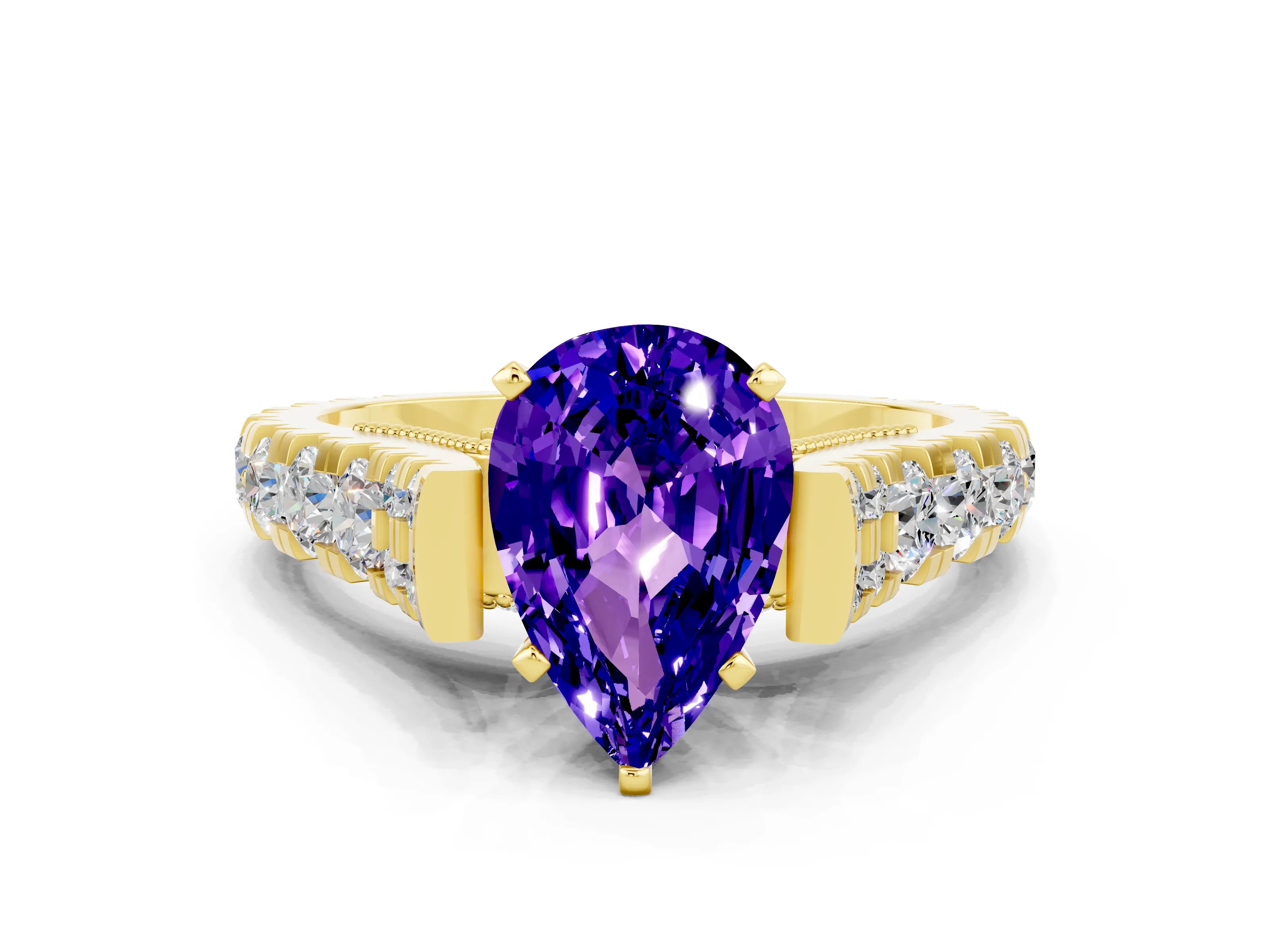 Yellow gold Pear Cut Tanzanite Classic Solitaire Ring with Pavé Band and Four-Prong Setting