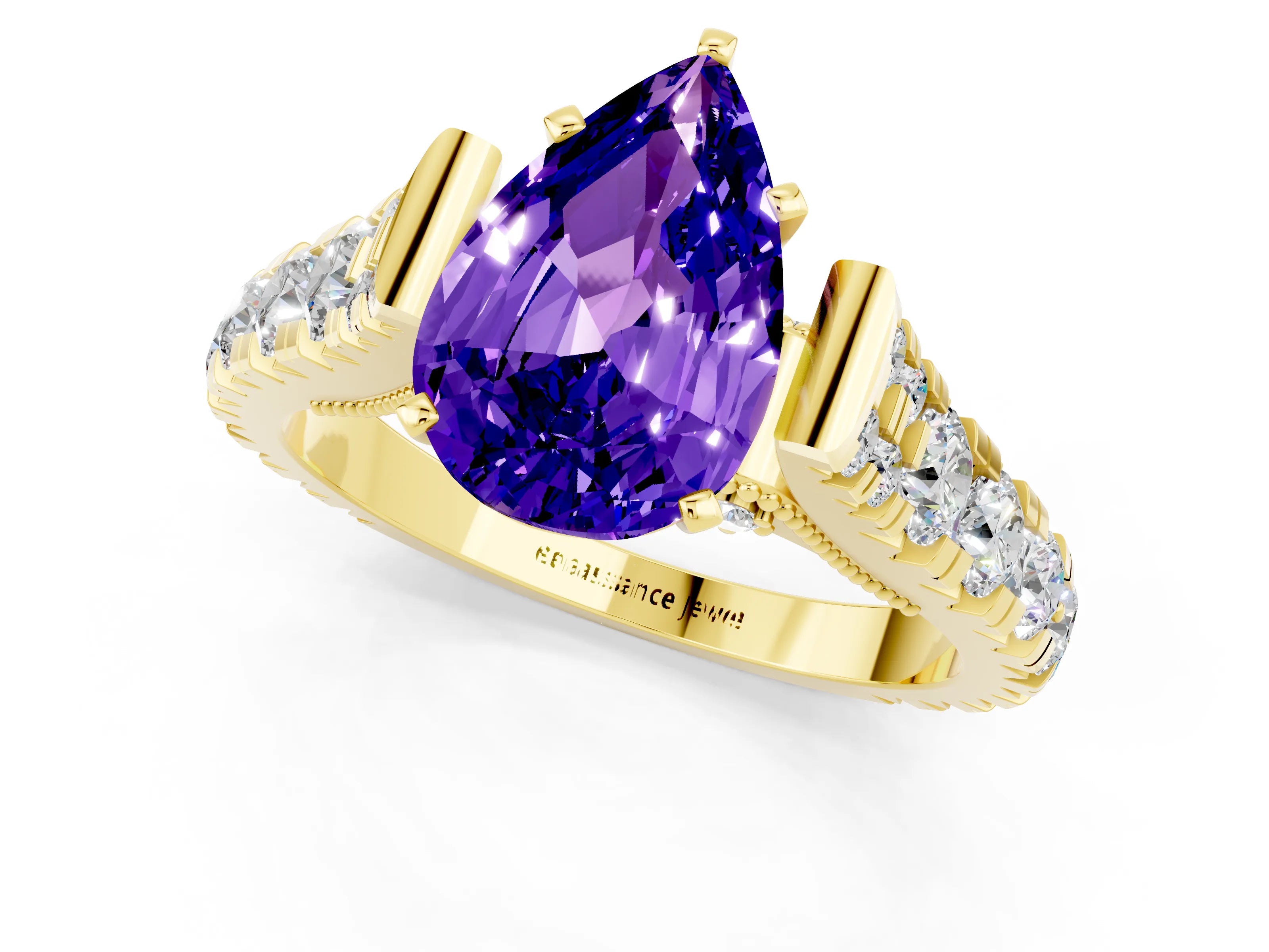 Yellow gold Pear Cut Tanzanite Classic Solitaire Ring with Pavé Band and Four-Prong Setting_1