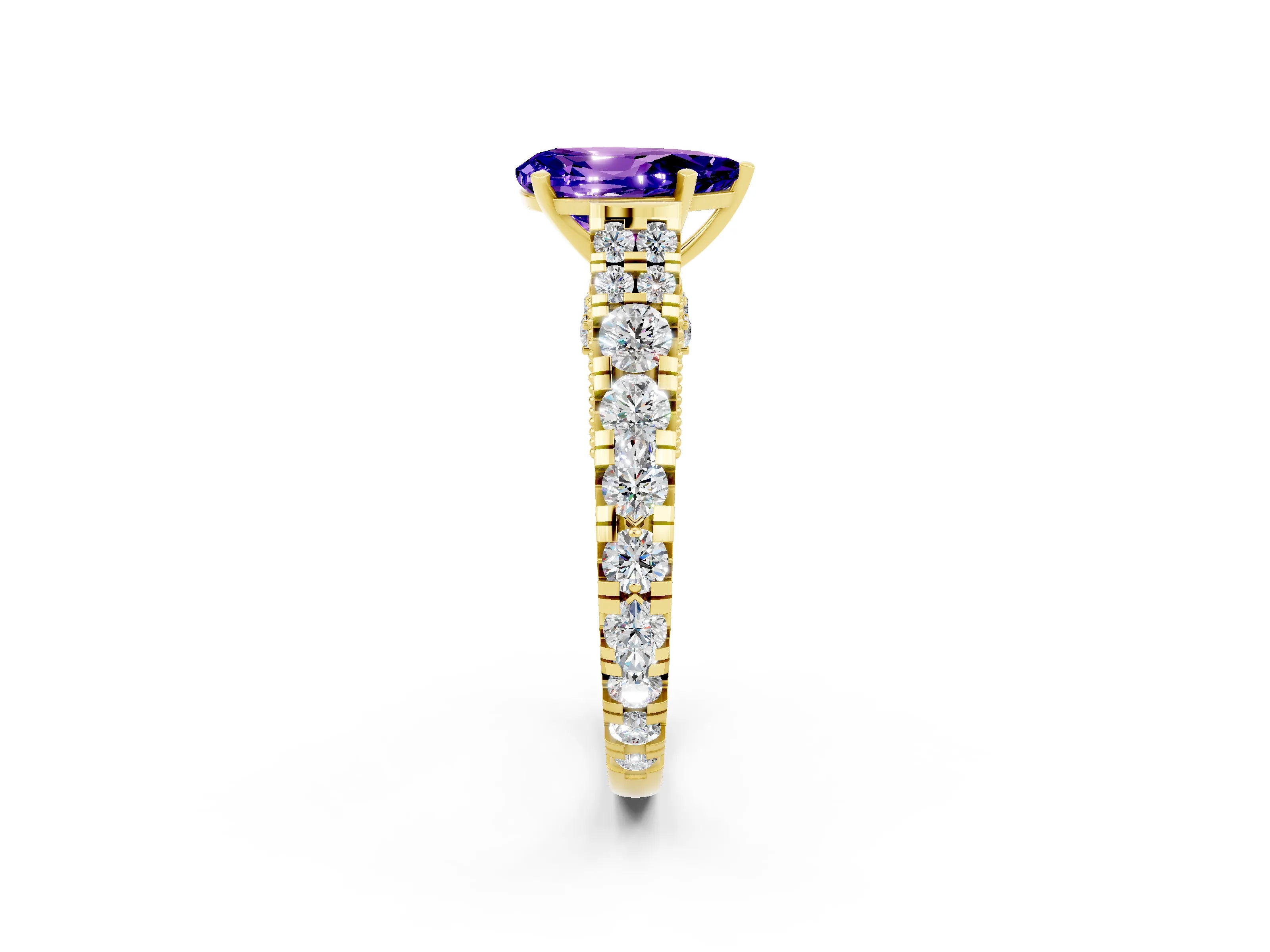 Yellow gold Pear Cut Tanzanite Classic Solitaire Ring with Pavé Band and Four-Prong Setting_2