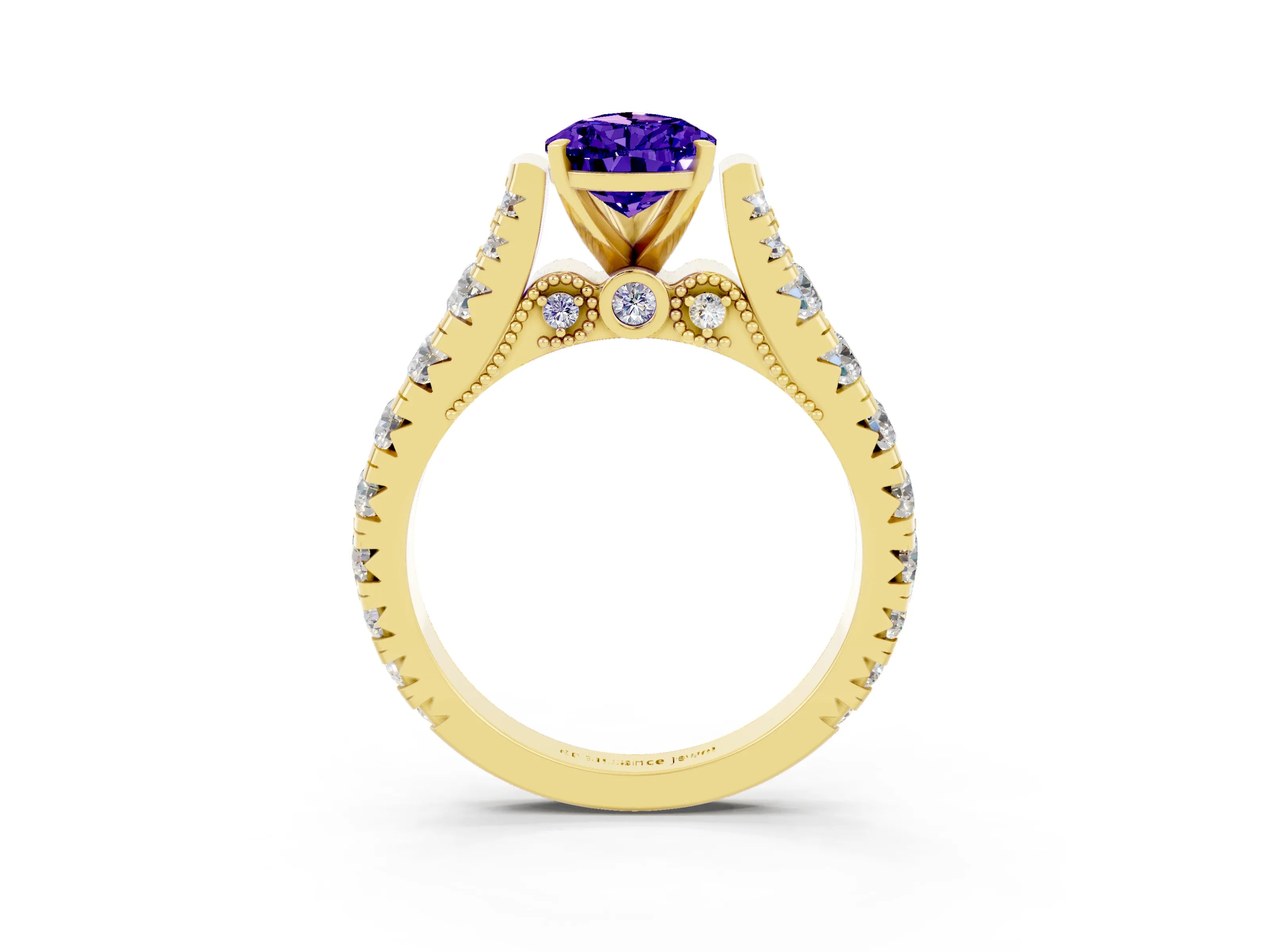 Yellow gold Pear Cut Tanzanite Classic Solitaire Ring with Pavé Band and Four-Prong Setting_3
