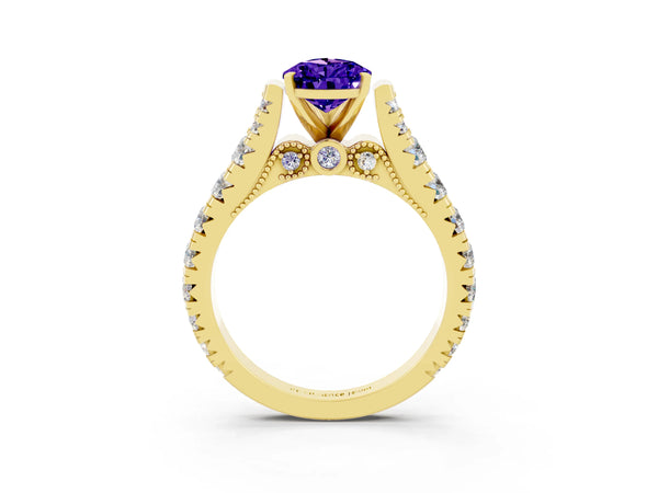 Yellow gold Pear Cut Tanzanite Classic Solitaire Ring with Pavé Band and Four-Prong Setting
