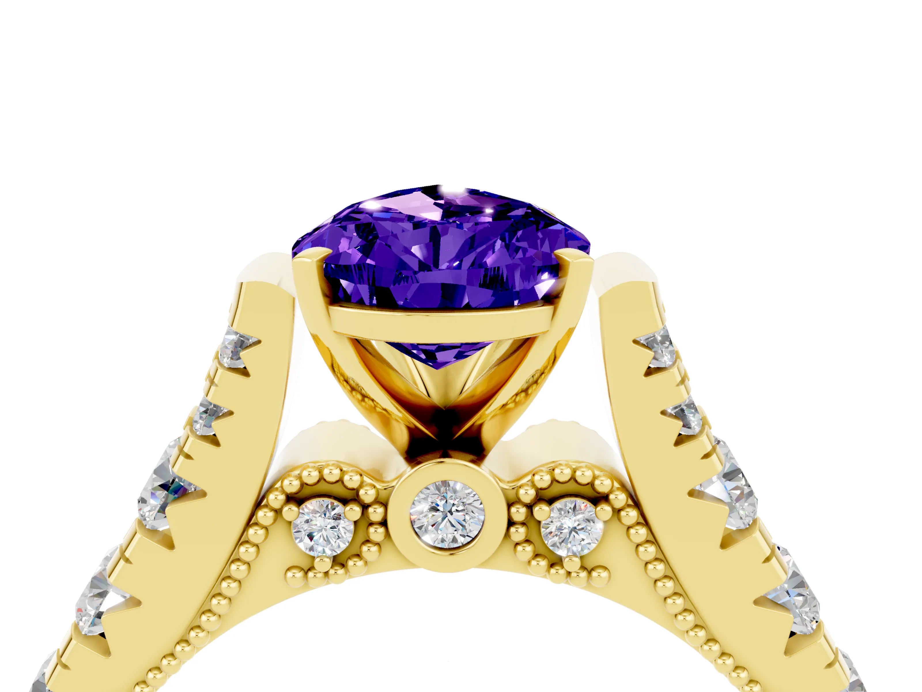 Yellow gold Pear Cut Tanzanite Classic Solitaire Ring with Pavé Band and Four-Prong Setting_4