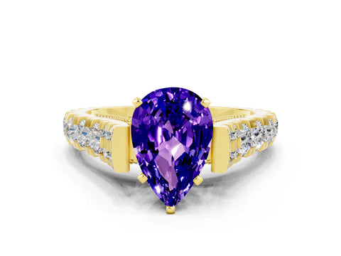 Yellow gold Pear Cut Tanzanite Classic Solitaire Ring with Pavé Band and Four-Prong Setting