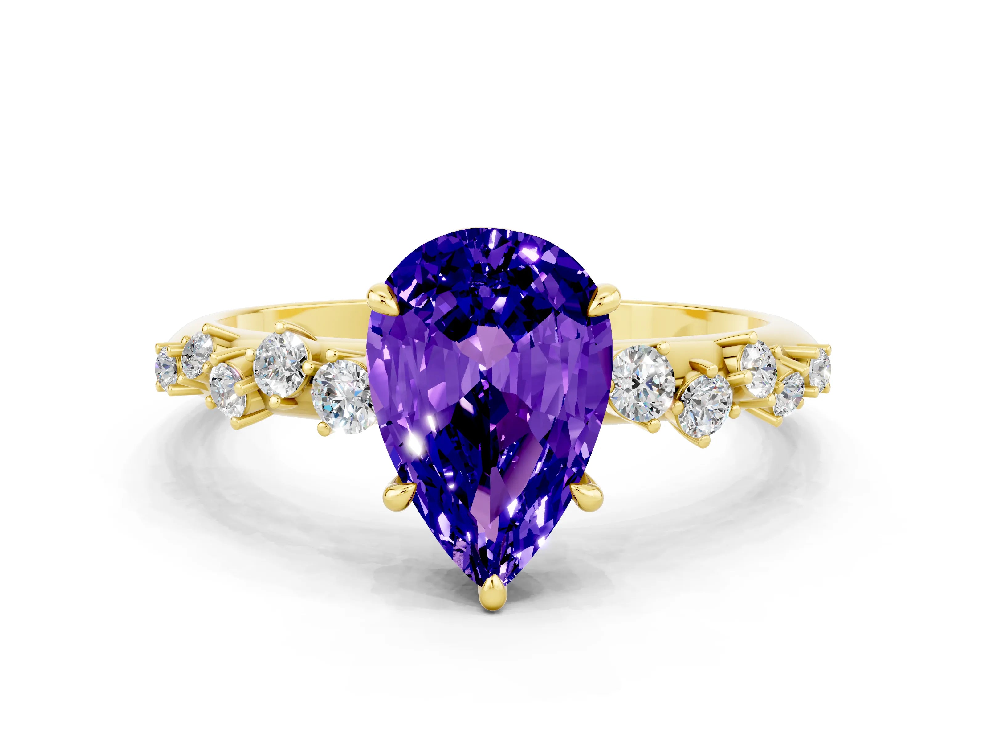 Yellow gold Pear Cut Tanzanite Cluster Side Stone Solitaire Ring with Prong Setting_24