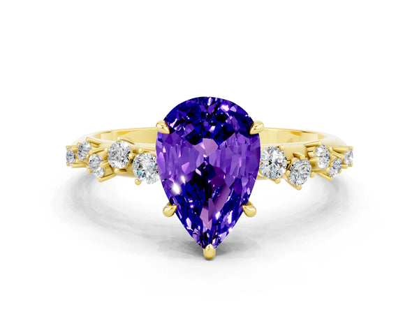 Yellow gold Pear Cut Tanzanite Cluster Side Stone Solitaire Ring with Prong Setting