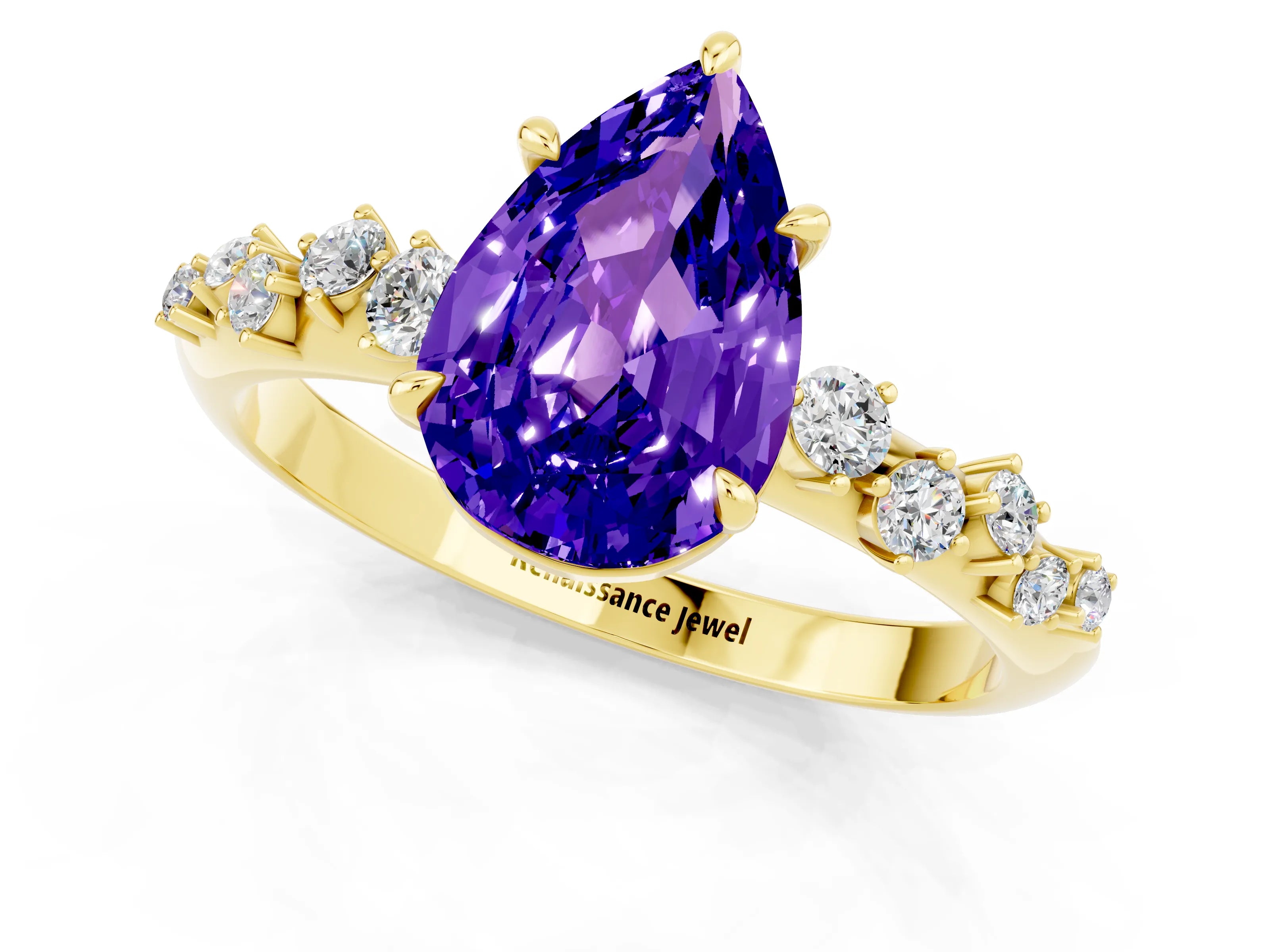 Yellow gold Pear Cut Tanzanite Cluster Side Stone Solitaire Ring with Prong Setting_25