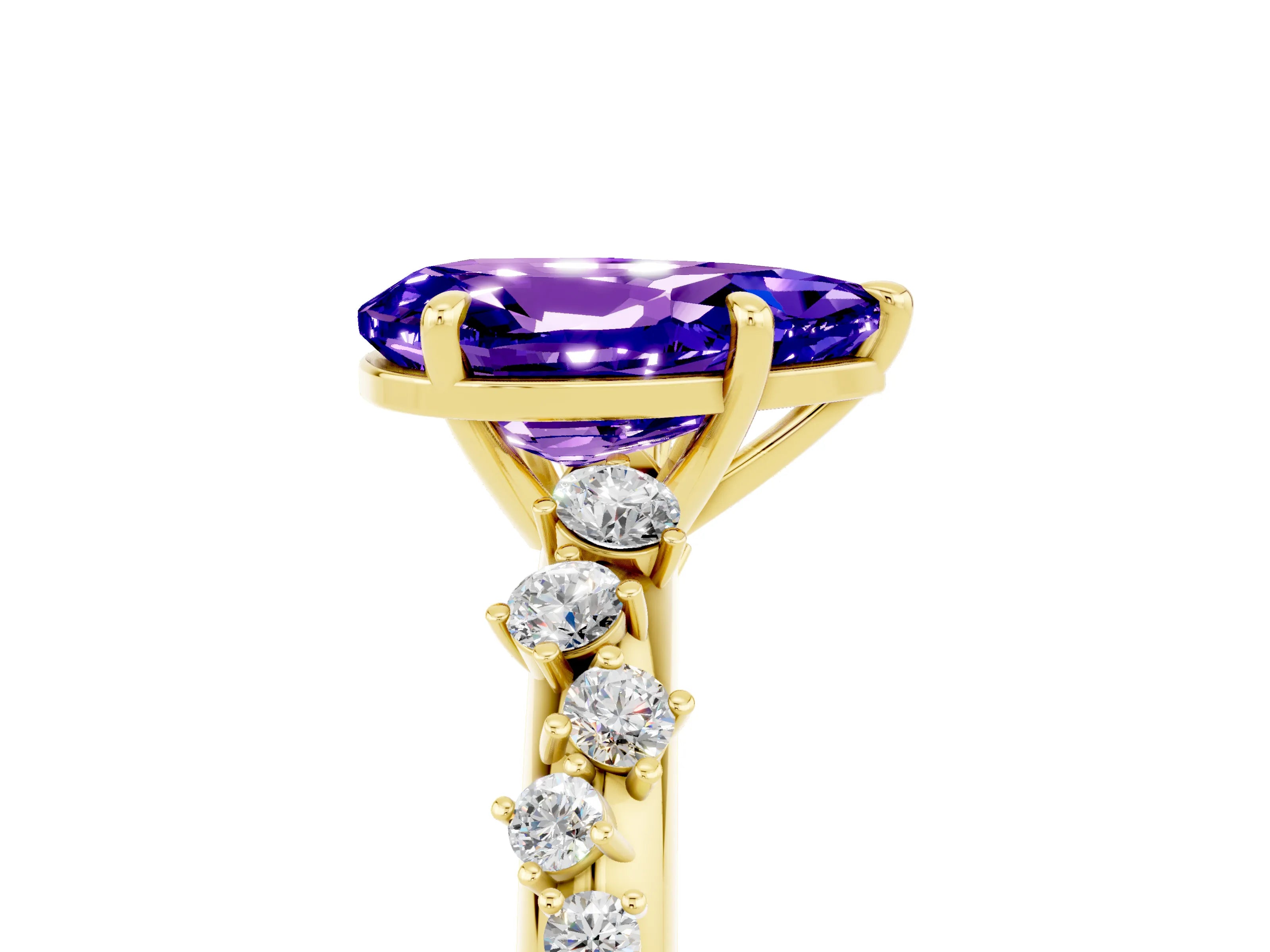 Yellow gold Pear Cut Tanzanite Cluster Side Stone Solitaire Ring with Prong Setting_29