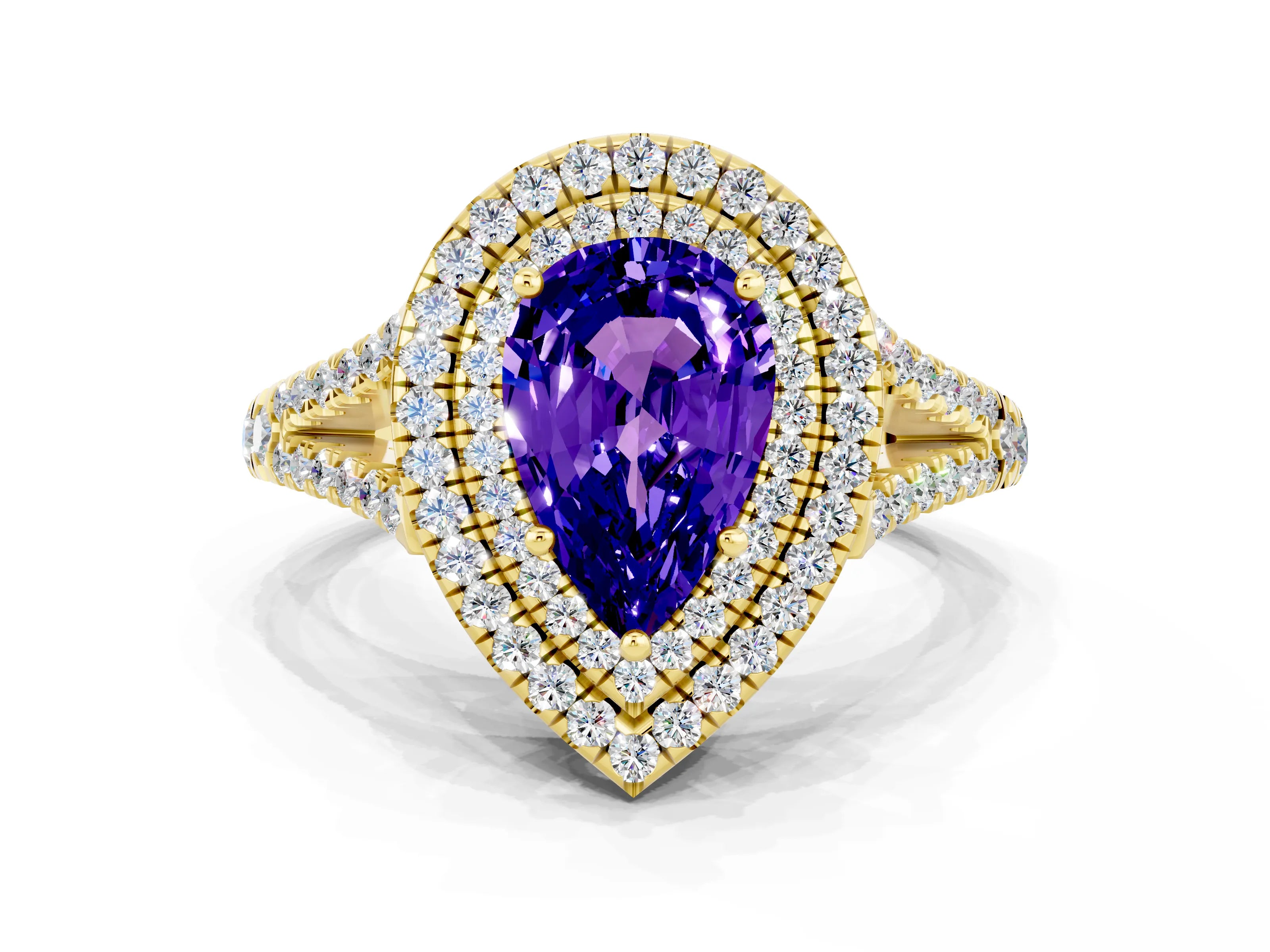 Yellow gold Pear Cut Tanzanite Double Halo Ring with Pavé Band and Prong Setting_12