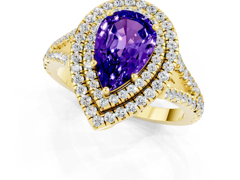 Yellow gold Pear Cut Tanzanite Double Halo Ring with Pavé Band and Prong Setting_13