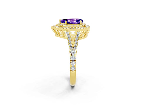 Yellow gold Pear Cut Tanzanite Double Halo Ring with Pavé Band and Prong Setting_14