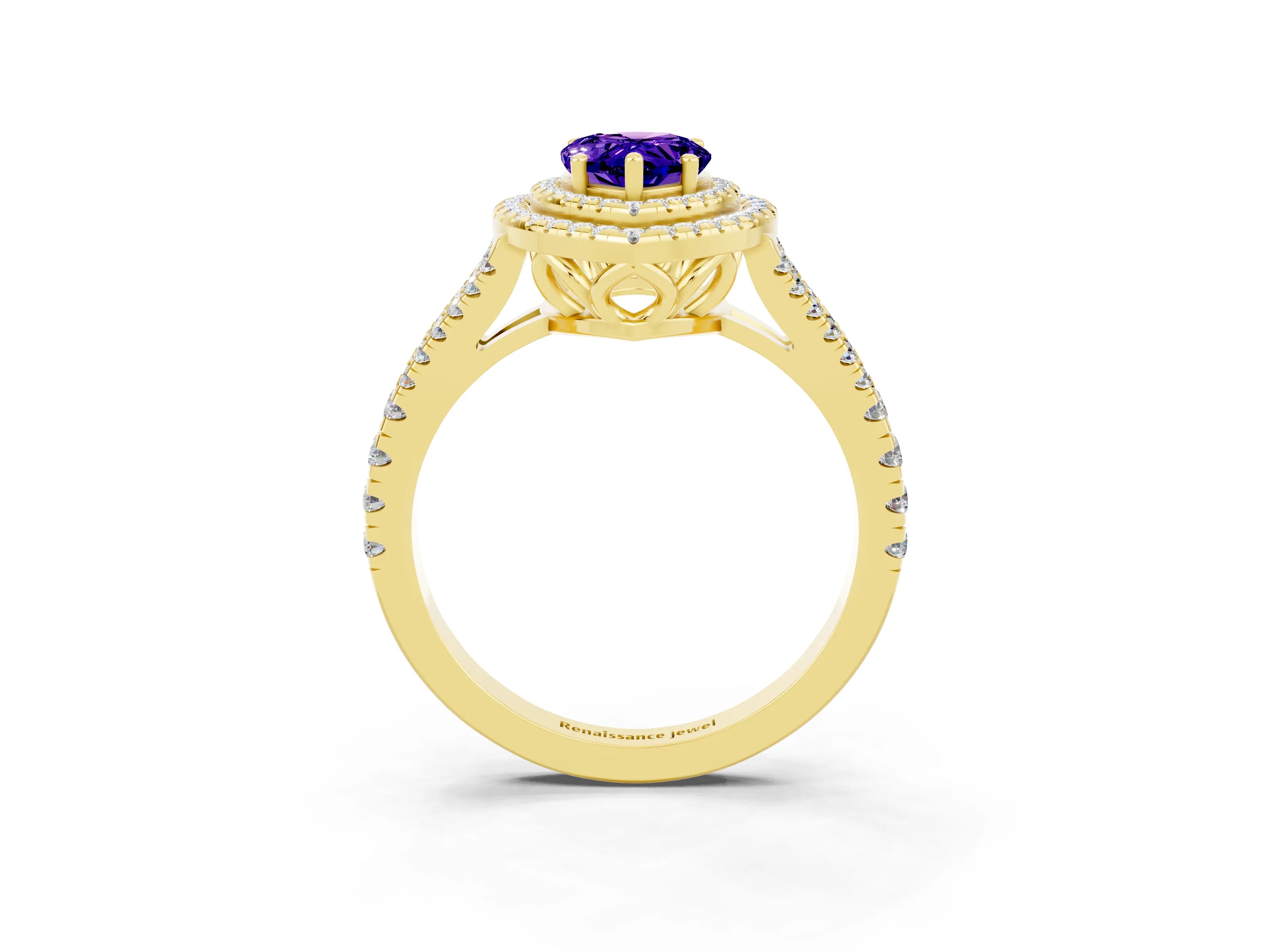 Yellow gold Pear Cut Tanzanite Double Halo Ring with Pavé Band and Prong Setting_15