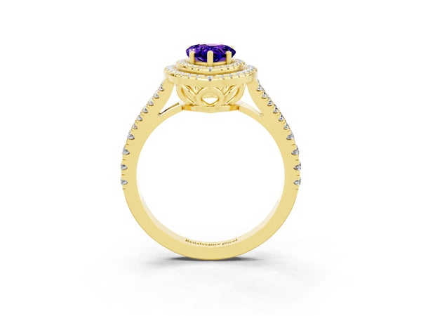 Yellow gold Pear Cut Tanzanite Double Halo Ring with Pavé Band and Prong Setting