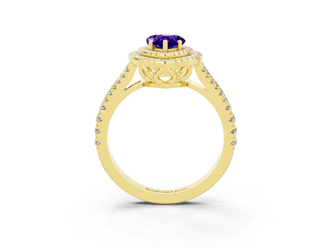 Yellow gold Pear Cut Tanzanite Double Halo Ring with Pavé Band and Prong Setting_15