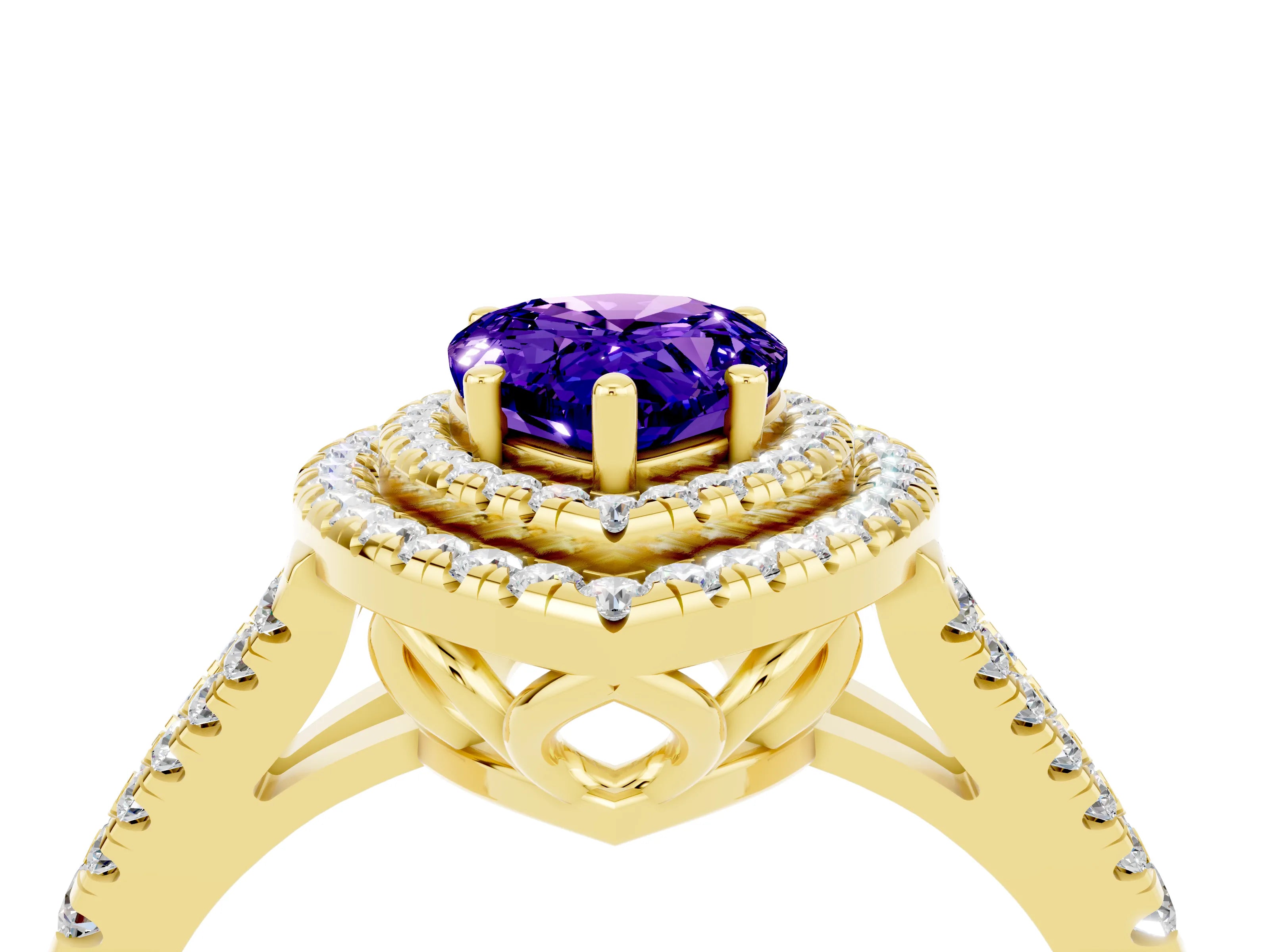 Yellow gold Pear Cut Tanzanite Double Halo Ring with Pavé Band and Prong Setting_16