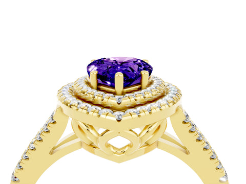 Yellow gold Pear Cut Tanzanite Double Halo Ring with Pavé Band and Prong Setting_16