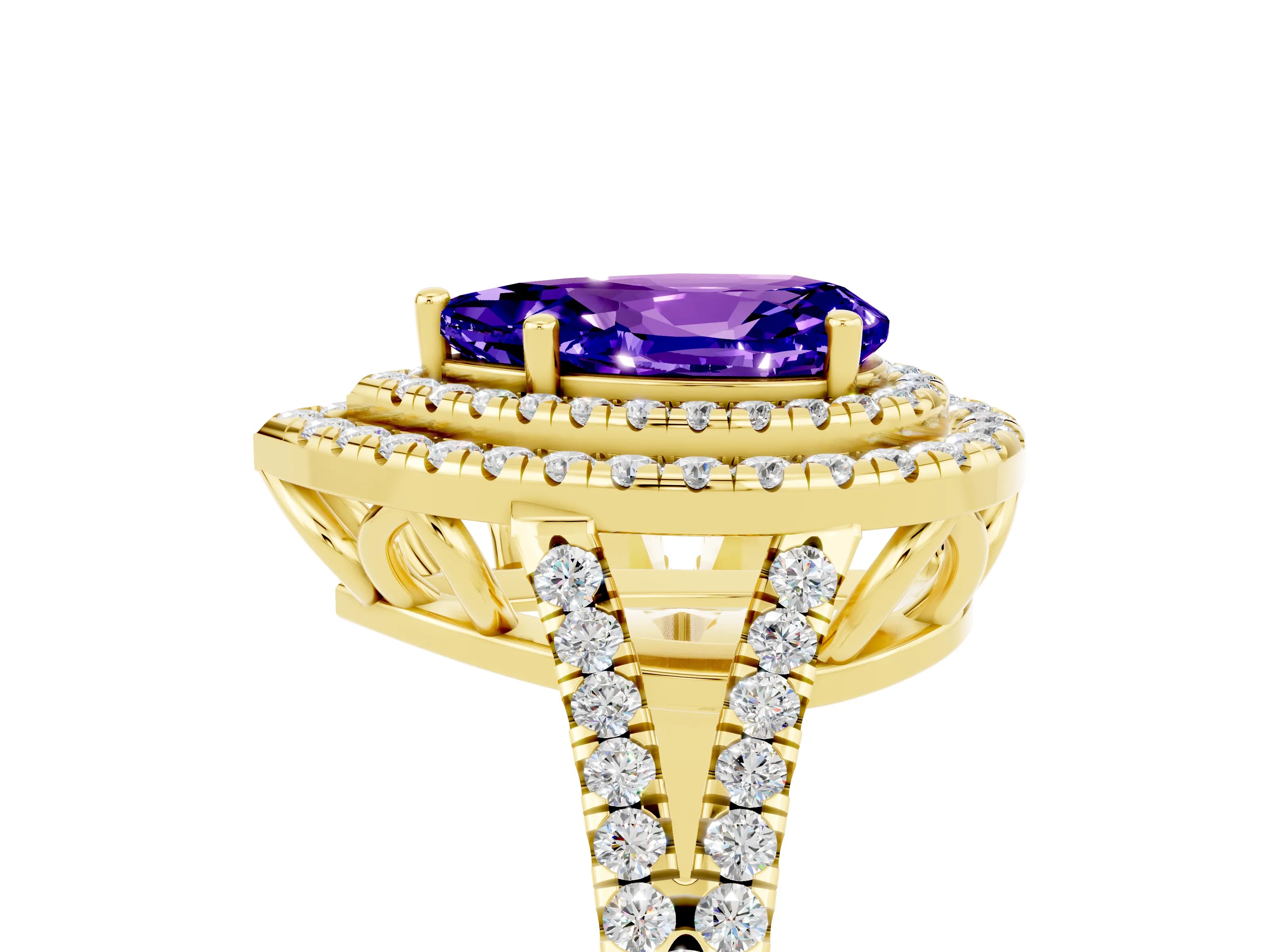 Yellow gold Pear Cut Tanzanite Double Halo Ring with Pavé Band and Prong Setting_17