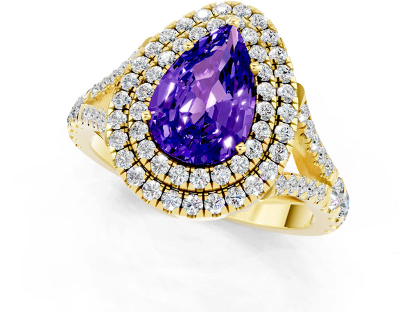 Yellow gold Pear Cut Tanzanite Double Halo Ring with Split Shank and Prong Setting