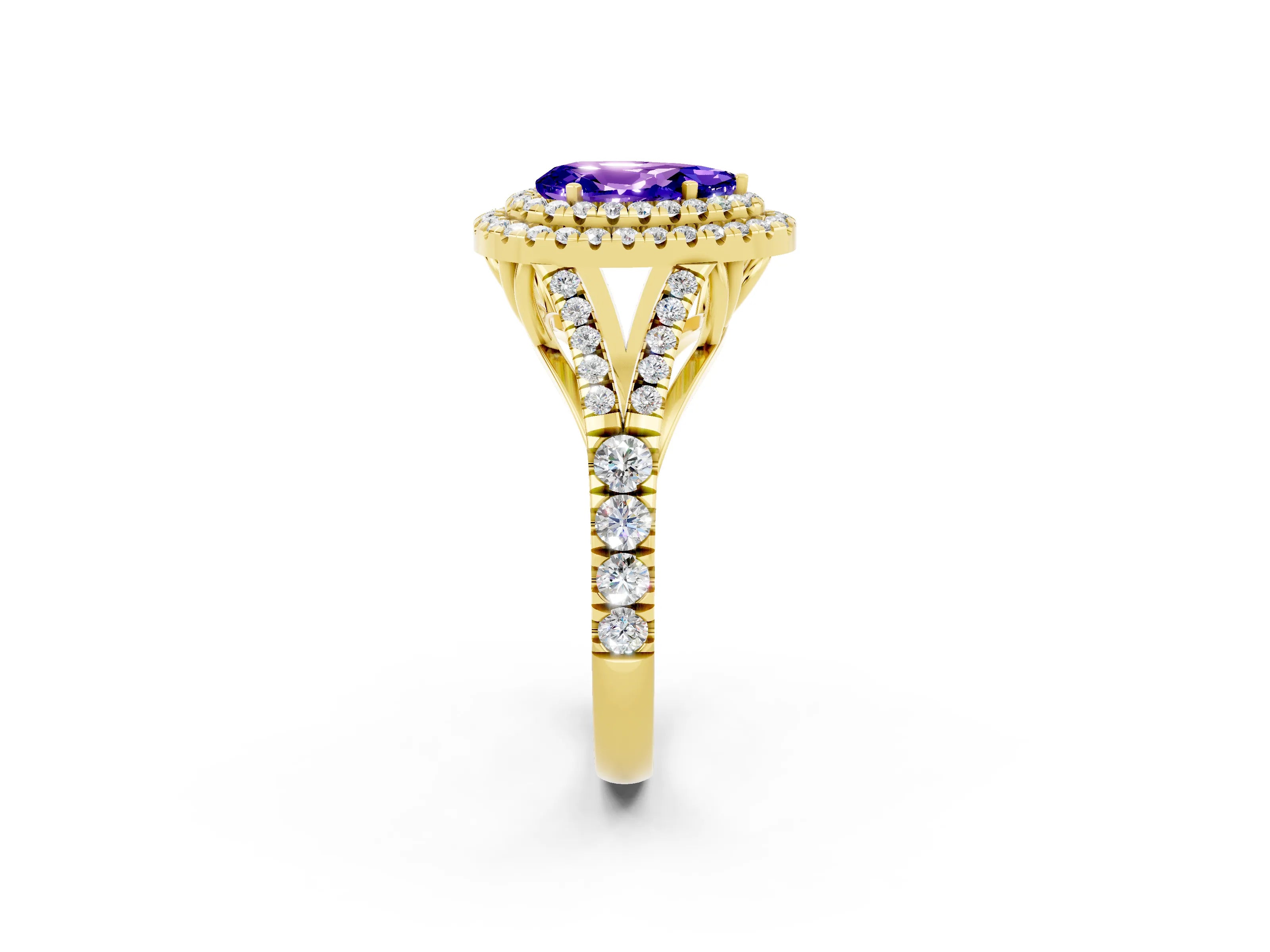 Yellow gold Pear Cut Tanzanite Double Halo Ring with Split Shank and Prong Setting_14