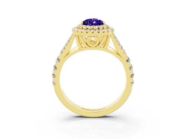Yellow gold Pear Cut Tanzanite Double Halo Ring with Split Shank and Prong Setting