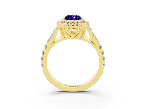 Yellow gold Pear Cut Tanzanite Double Halo Ring with Split Shank and Prong Setting_15