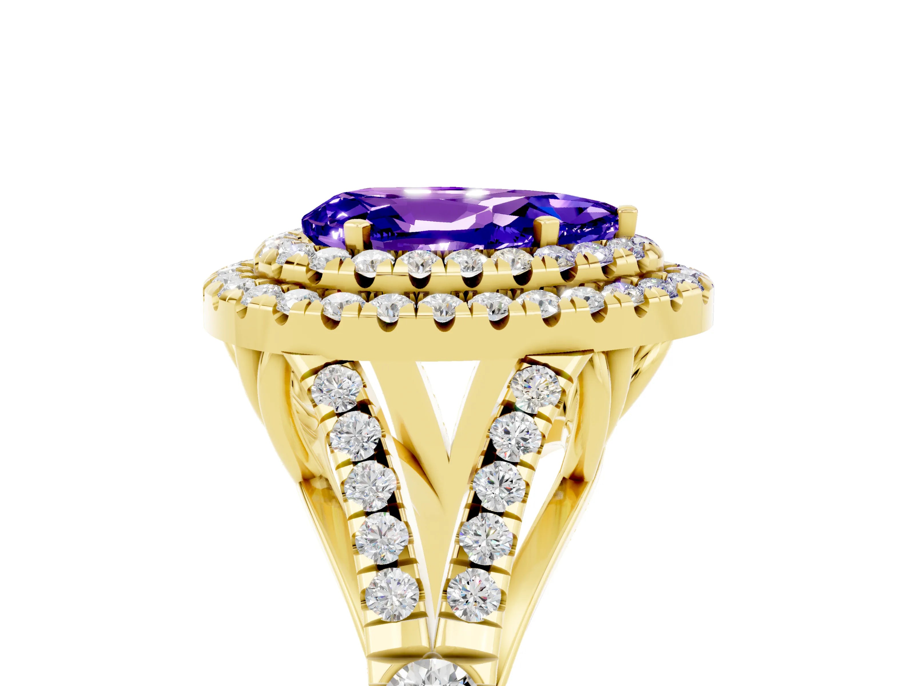 Yellow gold Pear Cut Tanzanite Double Halo Ring with Split Shank and Prong Setting_17