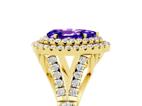 Yellow gold Pear Cut Tanzanite Double Halo Ring with Split Shank and Prong Setting_17
