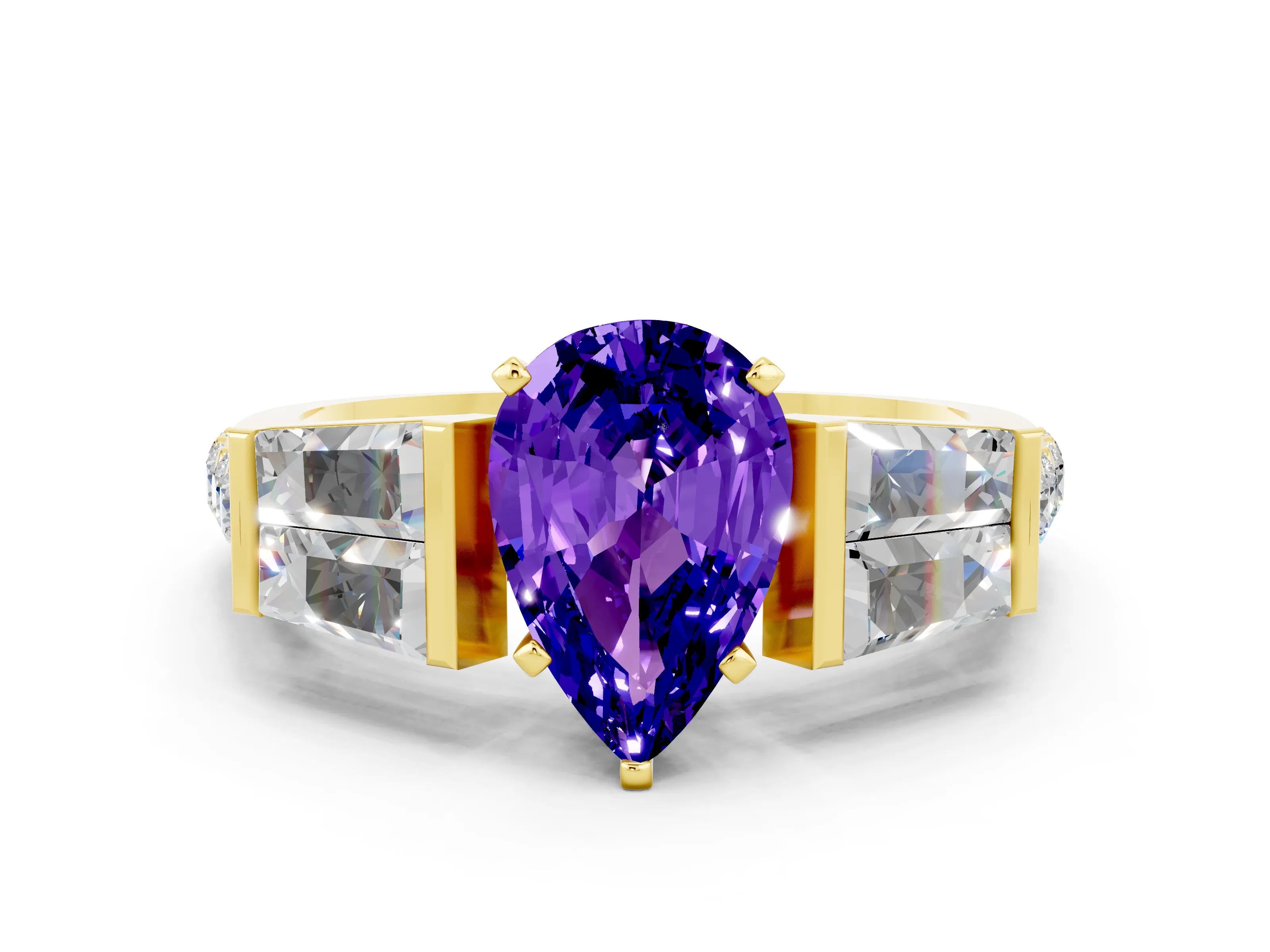 Yellow gold Pear Cut Tanzanite Engagement Ring with Baguette Side Stones and Channel Set Band