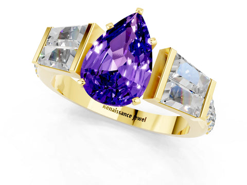 Yellow gold Pear Cut Tanzanite Engagement Ring with Baguette Side Stones and Channel Set Band_1