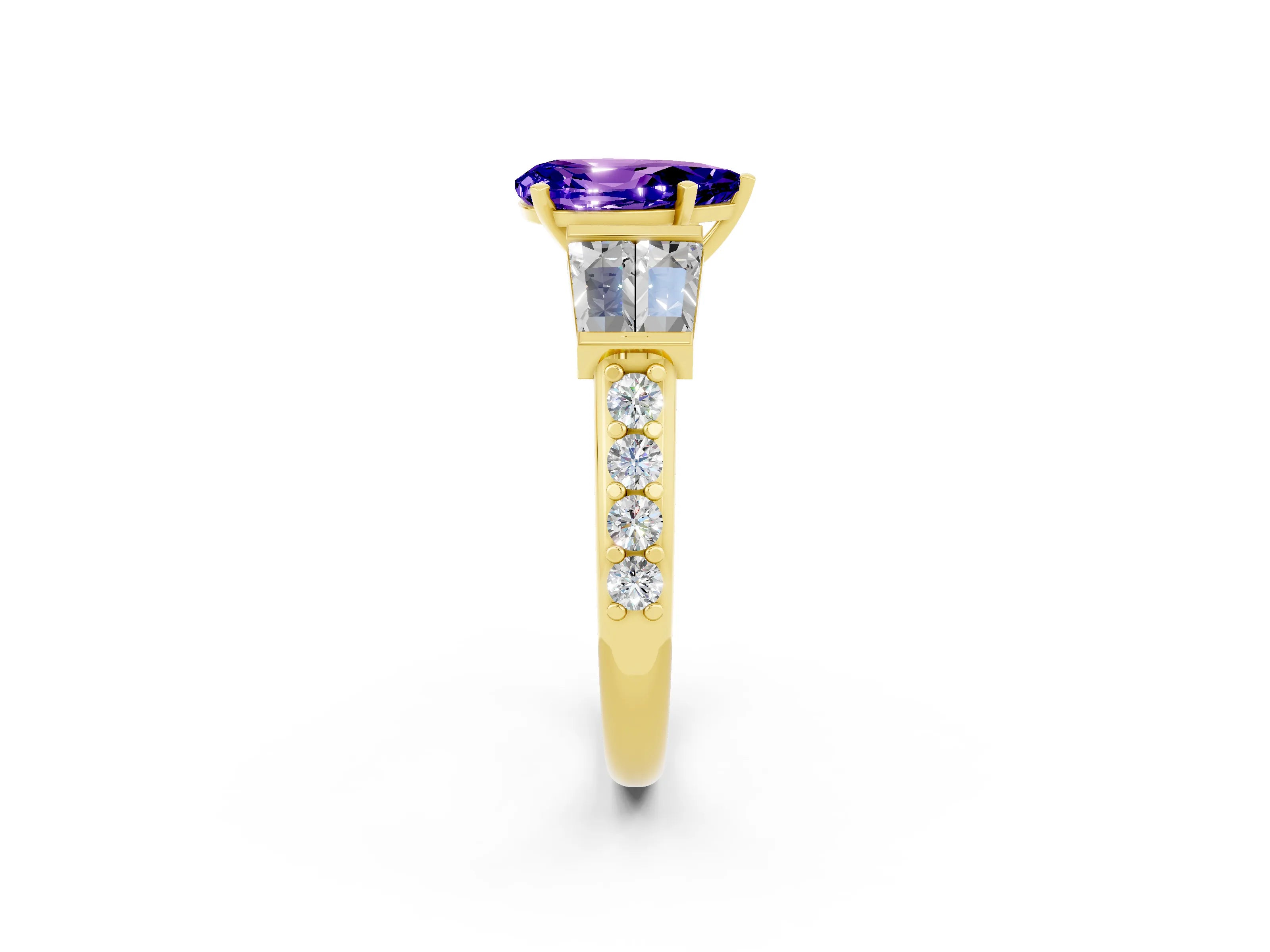 Yellow gold Pear Cut Tanzanite Engagement Ring with Baguette Side Stones and Channel Set Band_2