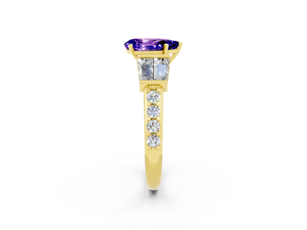 Yellow gold Pear Cut Tanzanite Engagement Ring with Baguette Side Stones and Channel Set Band