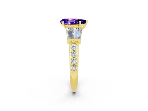 Yellow gold Pear Cut Tanzanite Engagement Ring with Baguette Side Stones and Channel Set Band_2