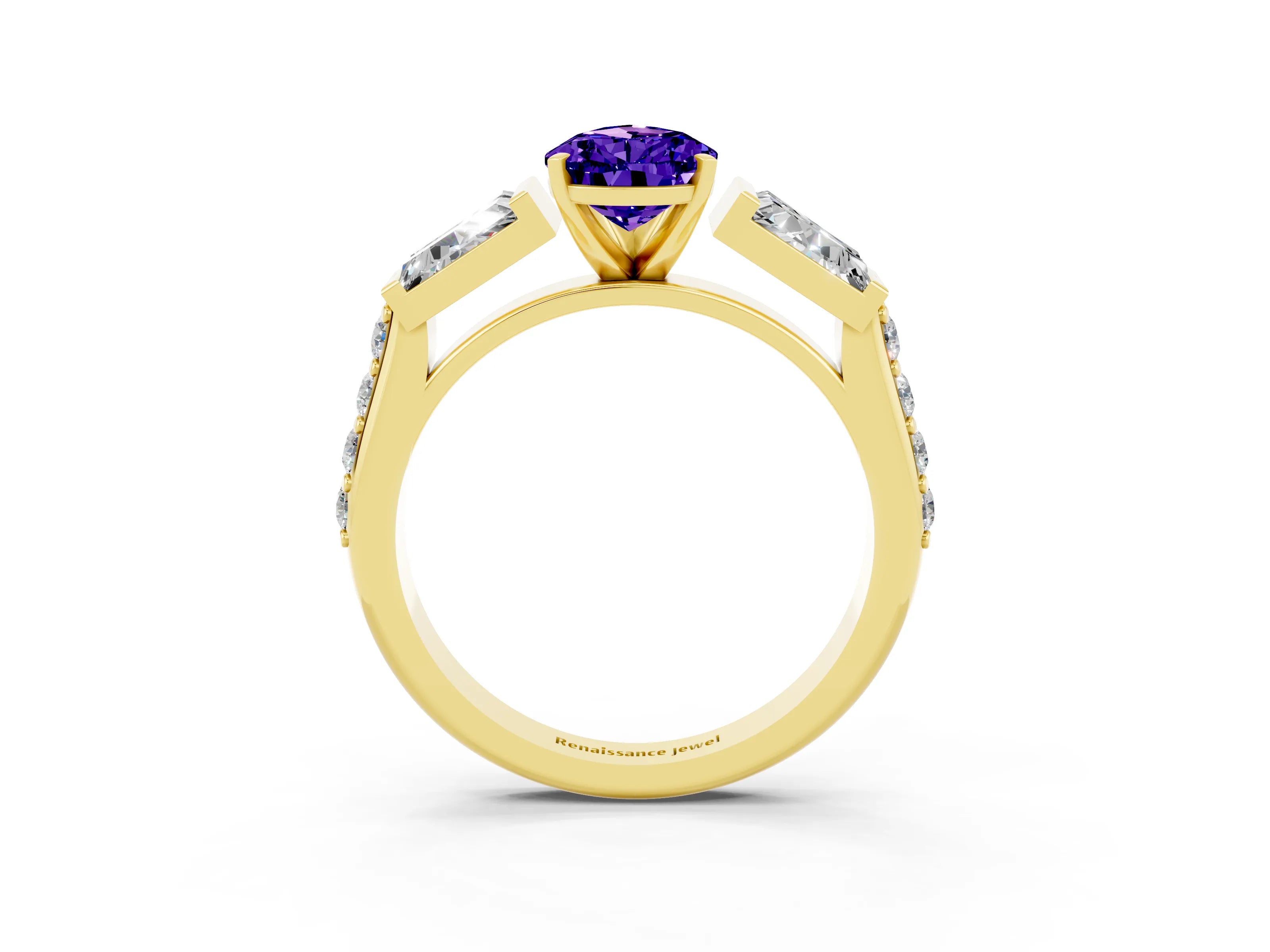 Yellow gold Pear Cut Tanzanite Engagement Ring with Baguette Side Stones and Channel Set Band_3