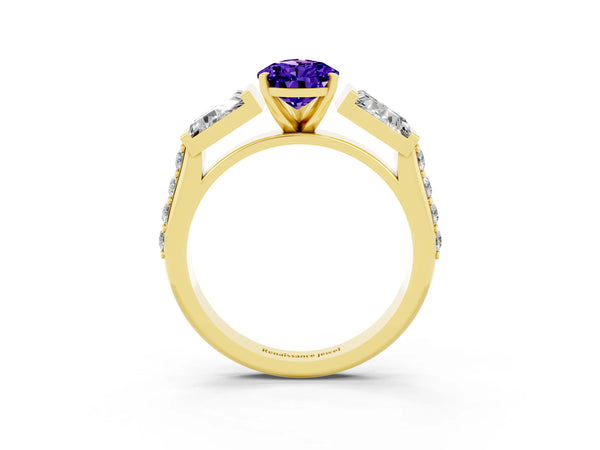 Yellow gold Pear Cut Tanzanite Engagement Ring with Baguette Side Stones and Channel Set Band