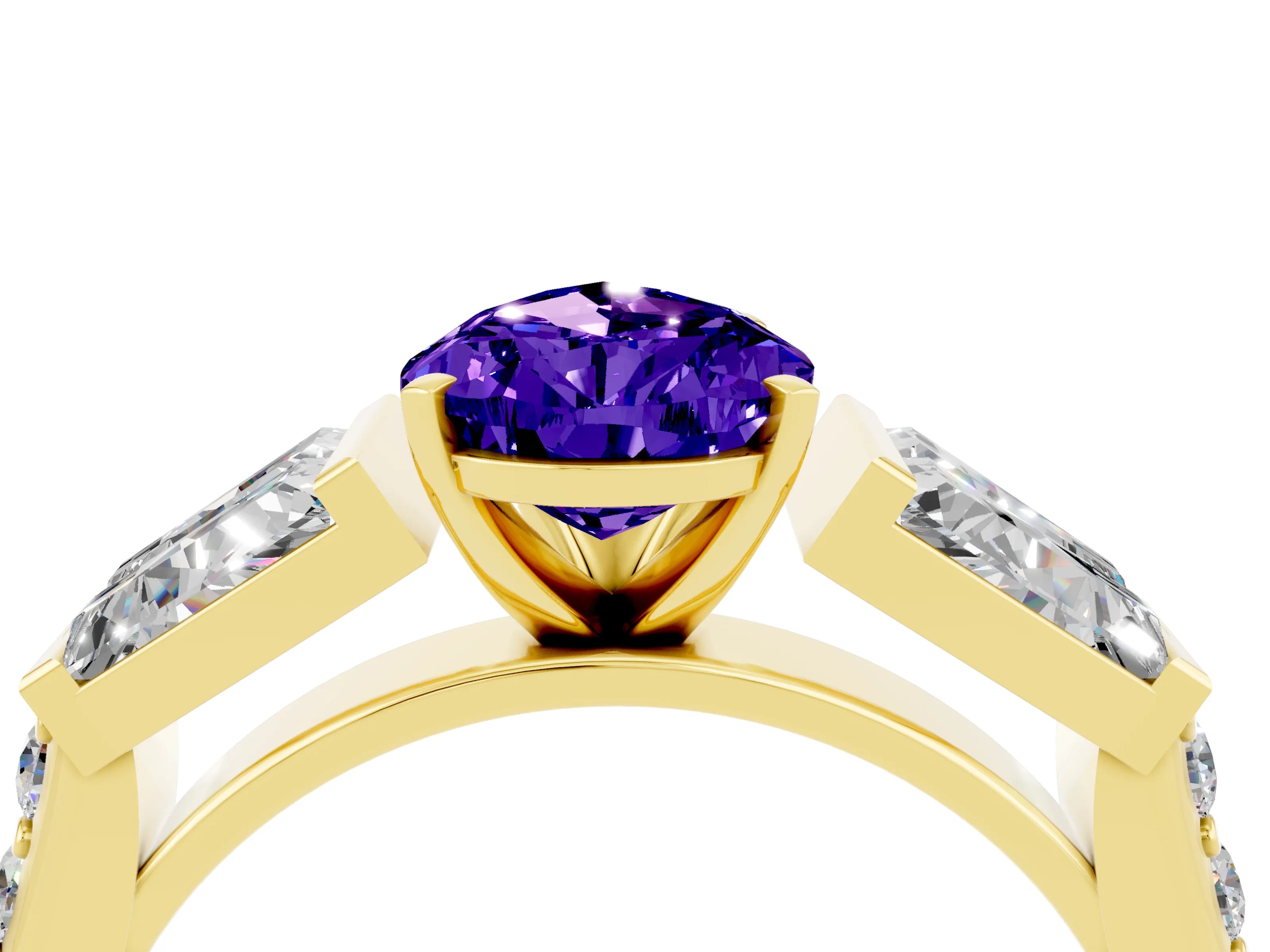 Yellow gold Pear Cut Tanzanite Engagement Ring with Baguette Side Stones and Channel Set Band_4