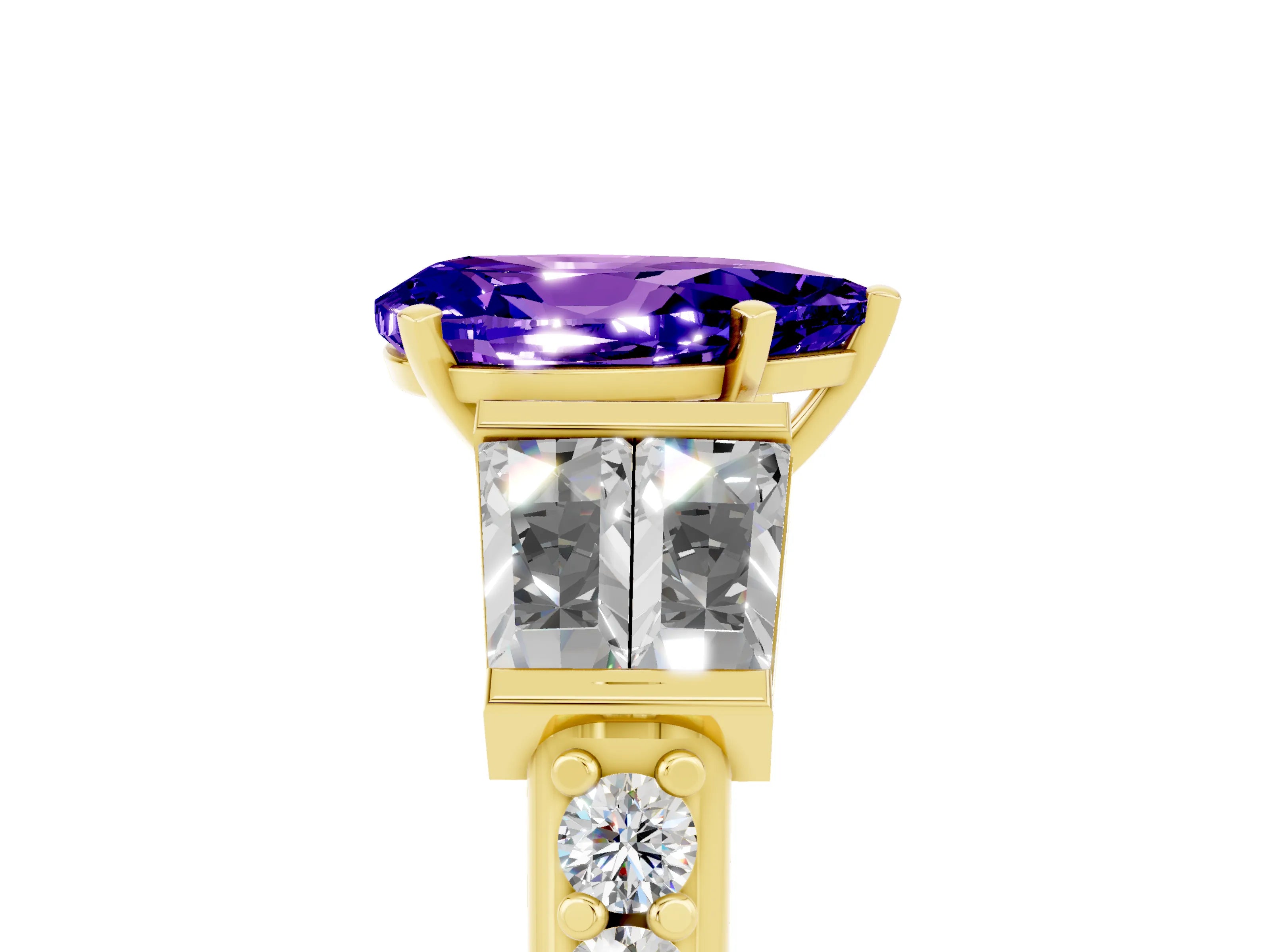 Yellow gold Pear Cut Tanzanite Engagement Ring with Baguette Side Stones and Channel Set Band_5