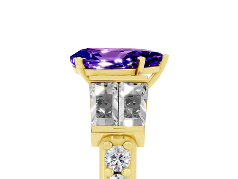 Yellow gold Pear Cut Tanzanite Engagement Ring with Baguette Side Stones and Channel Set Band_5
