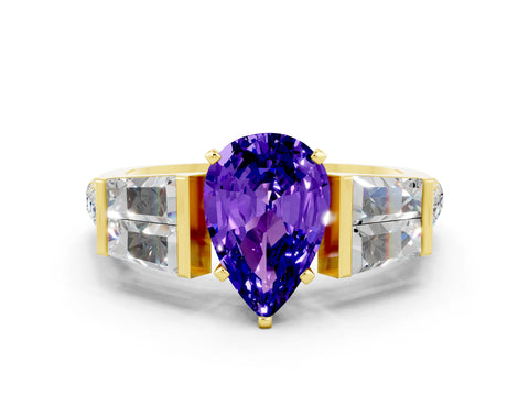 Yellow gold Pear Cut Tanzanite Engagement Ring with Baguette Side Stones and Channel Set Band
